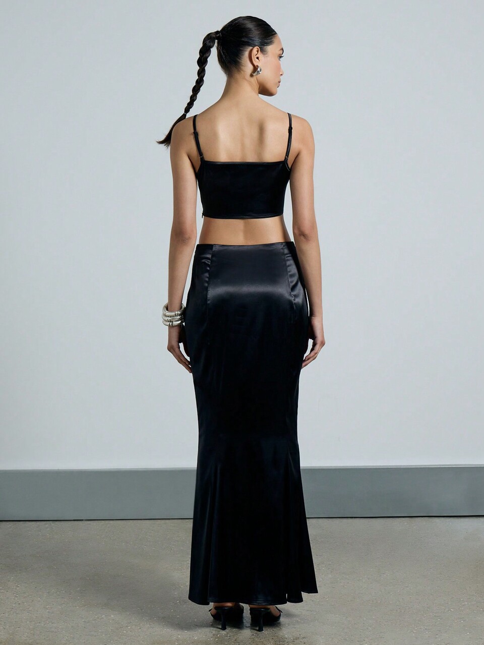 Satin Spaghetti Strap Crop Top With Fitted Fish Tail Hem Maxi Skirt Two-Piece Co-Ord Set