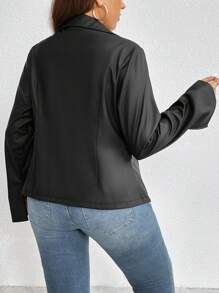 SHEIN Privé 大码女式舒适休闲 Y2K 街头时尚性感结饰 PU 皮革长袖夹克，秋冬 - 黑色 - 查看 2