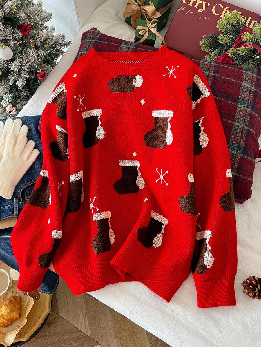 SHEIN Frenchy Áo len chui đầu họa tiết Giáng sinh cỡ lớn Intarsia - Đỏ - Xem 1