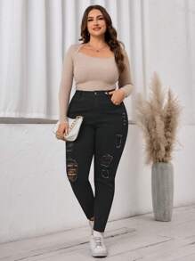 SHEIN LUNE Jeans in Große Größen, Lässig, einfarbig, Used-Optik, enge Passform