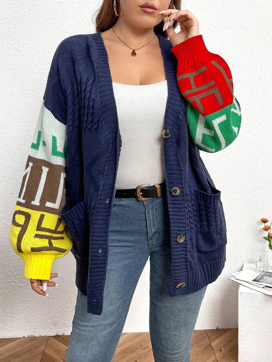 SHEIN LUNE 大码女式休闲字母图案拼色落肩宽松口袋单排扣开衫毛衣，适合冬季 - 彩色 - 查看 1