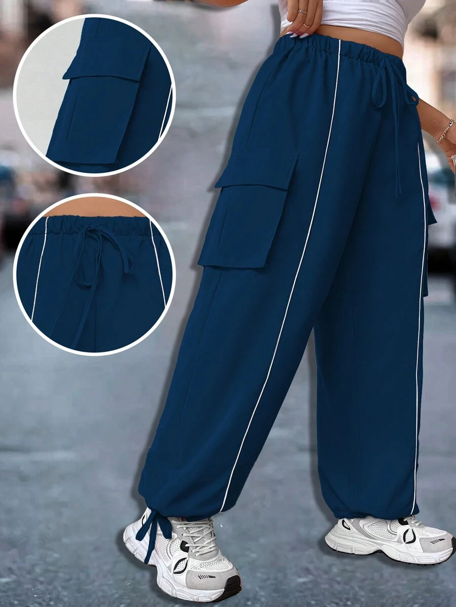 Flirla Plus Size Solid Color Patchwork Elastic Waist Drawstring Cargo Pants With Tape Trim