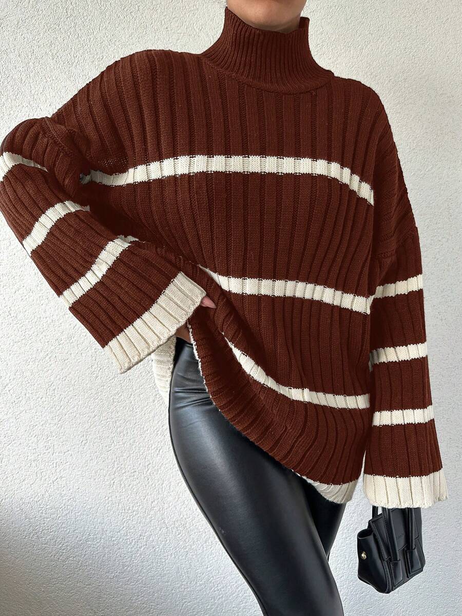 EURMUSE Women's Casual Striped Pattern Drop Shoulder Loose Flared Sleeve High Neck Sweater, Autumn/Winter - Redwood - View 1