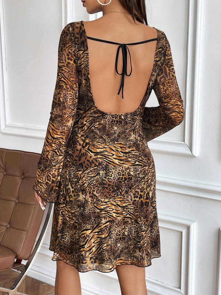 SHEIN Leopard Print Backless Bell Sleeve Mesh Maternity Dress, Sexy