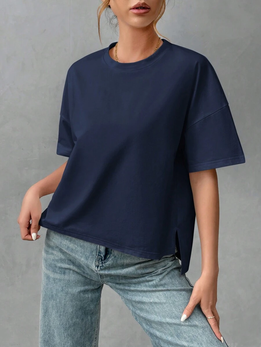 SHEIN Essnce Women's Casual Solid Color Simple Basic High Low T-Shirt, Summer - Navy Blue - View 1