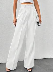 SHEIN Tall 高腰女式纯色阔腿裤 - 白色 - View 4