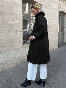 EURMUSE Women's Solid Longline Quilted Jacket With Zip Up And Fur Collar - Black - View 2