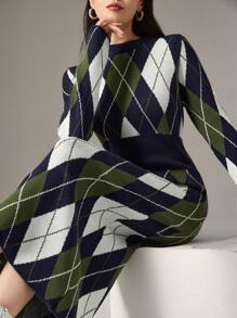 Modelyn Women Casual Argyle Pattern Waist Knitted Sweater Dress