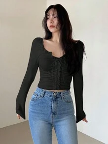 DAZY 女士黑色荷叶边修身纯色抽绳长袖T恤，春夏款 - 黑色 - 查看 3