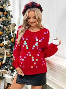 SHEIN Maternity Long Sleeve Sweaters For Autumn And Winter, Women Knitted Sweater, Pattern And Sequins - Red - View 1