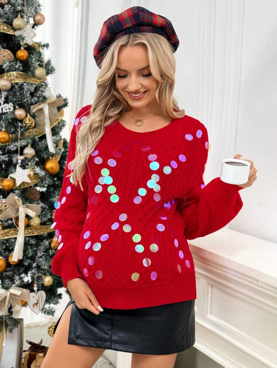 SHEIN Maternity Long Sleeve Sweaters For Autumn And Winter, Women Knitted Sweater, Pattern And Sequins - Red - View 1