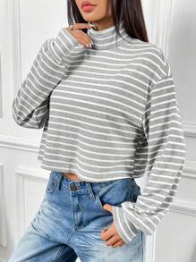 SHEIN EZwear Áo thun cổ tròn dệt kim in gân màu xám và trắng giản dị dành cho nữ, mùa thu - Xám - Xem 1