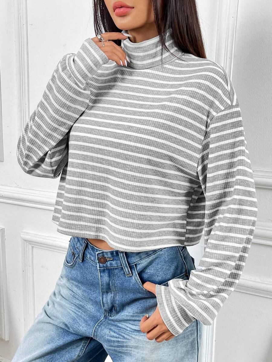 SHEIN EZwear Áo thun cổ tròn dệt kim in gân màu xám và trắng giản dị dành cho nữ, mùa thu - Xám - Xem 1