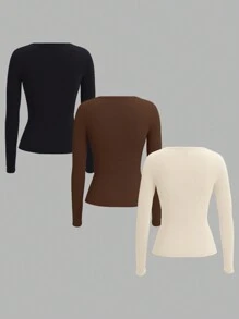 SHEIN EZwear Áo thun dài tay cổ chữ V dệt kim 3 màu cơ bản dành cho nữ - màu nâu - Xem 2