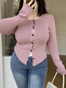 Dazy Plus Plus Size Solid Color Round Neck Asymmetrical Hem Fitted Flared Sleeve Cardigan,Fall Clothes