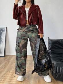 Flirla Áo khoác ngắn có khóa kéo trang trí cỡ lớn có ve áo bằng PU, tay dài - Màu Đỏ Sâu - Xem 5