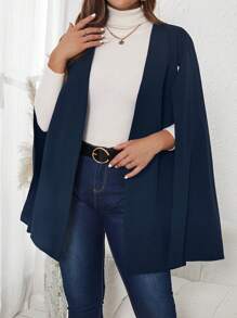 SHEIN Clasi Plus Size Women Open Front Cape Blazer Jacket - Navy Blue - View 1