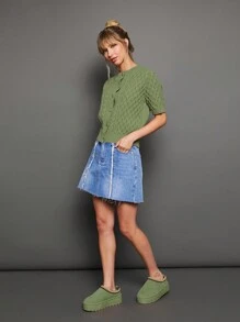 WESTFADE Áo len cardigan cổ tròn cài nút phía trước tay ngắn thoải mái mùa hè - xanh quân đội - Xem 9