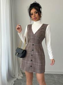 SHEIN PETITE 女士合身 A 字格纹休闲连衣裙