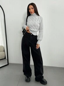 Chiquease Women's Turtleneck Cable Knit Pullover Sweater Knit Pullover Fall Winter Outfit - Grey - View 4