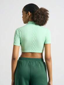 AiiRZ Cable Knit High Neck Short Sleeve Crop Top - Mint Green - View 2