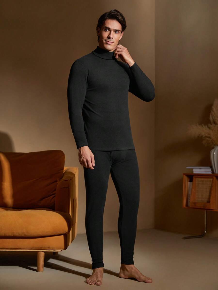 Men's Turtleneck Long Sleeve Top And Pants Thermal Underwear Sets, Fall / Winter