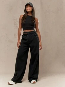MISSGUIDED Athletic Jogger Sweatpants Wide Leg Palazzo Style Double Waistband Workout Lounge Pants Athleisure Fall Winter Bottoms - Black - View 4