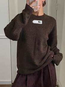 DAZY 宽松字母提花圆领针织毛衣，秋季女装 - 棕色 - 查看 4