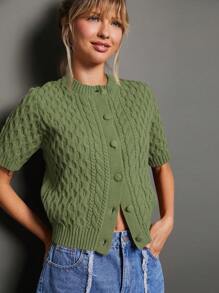 WESTFADE Áo len cardigan cổ tròn cài nút phía trước tay ngắn thoải mái mùa hè - xanh quân đội - Xem 3