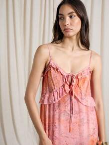 AiiRZ Vestido largo con estampado bohemio, tirantes de espagueti, sin mangas, detalle de volantes y nudo delantero