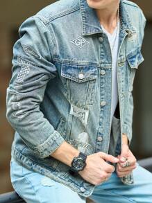 Manfinity Homme Chaqueta vaquera casual para hombres con bordado de letras para otoño - Azul - Ver 4