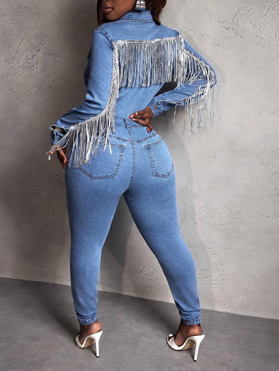 SHEIN Slayr 紧身性感露背亮片流苏女式牛仔连体裤 - 藍色 - 查看 1