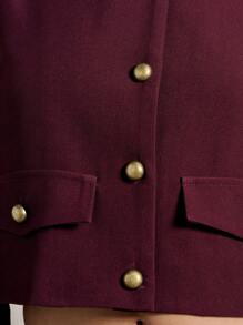 AiiRZ 长袖对比色纽扣前领短款衬衫搭配高腰阔腿裤两件套 - 棕色 - 查看 5