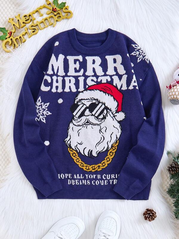 Suéter feo y gracioso de Papá Noel para adolescentes, diseño de jacquard con patrón grande por todo el suéter, adecuado para fiestas navideñas, reuniones y actividades al aire libre en otoño/invierno. El diseño humorístico y extravagante con elementos de Papá Noel agrega un ambiente festivo.