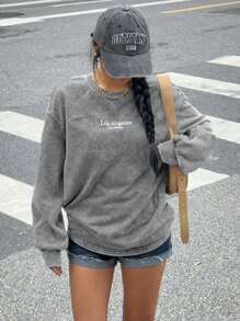 Muchica Knitted Women's Embroidered Retro Long Sleeve Round Neck T-Shirt - Light Grey - View 3