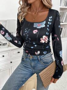 SHEIN LUNE 新款秋冬印花修身长袖T恤，休闲时尚机场上衣 - 黑色 - 查看 1