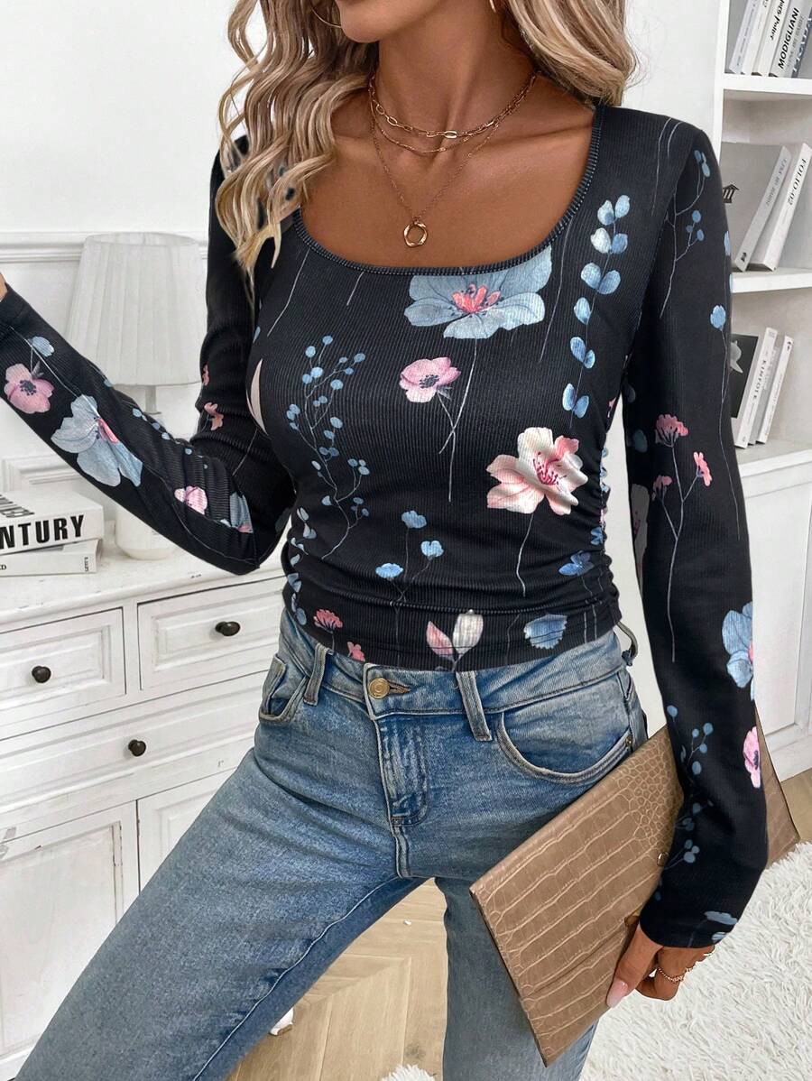 SHEIN LUNE 新款秋冬印花修身长袖T恤，休闲时尚机场上衣 - 黑色 - 查看 1