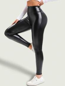 Women's Solid Color Minimalist Everyday Zipper Leggings - Black - View 4
