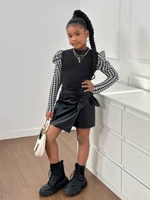 SHEIN Tween Girl Casual Elegant Houndstooth Patchwork Stand Collar Bishop Sleeve Top & PU Skort 2-Piece Set