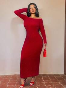 Zolique Women's Elegant Red Sweater Dress,Autumn Off Shoulder Long Sleeve Knitted Woolen Long Dress, Slim Fit Split Night Out Party Clothing - Red - View 5