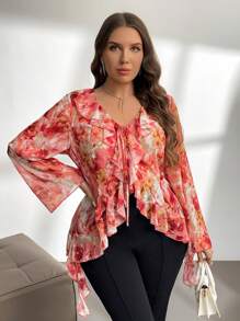 SHEIN Privé 大码女式花卉随机印花前开褶边袖系带前衬衫 - 彩色 - 查看 6