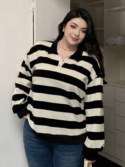 Dazy Plus Plus Size Women Colorblock Striped Polo Collar Loose Sweatshirt,Fall Clothes