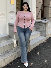 Dazy Plus Plus Size Solid Color Round Neck Asymmetrical Hem Fitted Flared Sleeve Cardigan,Fall Clothes