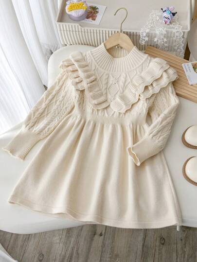 SHEIN Playful Pals 年轻女孩高领荷叶边长袖针织毛衣裙，休闲舒适保暖柔软优雅可爱，适合日常穿着