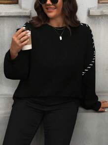 SHEIN LUNE 大码女式休闲撞色拼接落肩宽松罗纹针织套头毛衣，适合冬季和秋季穿着 - 黑色 - 查看 5