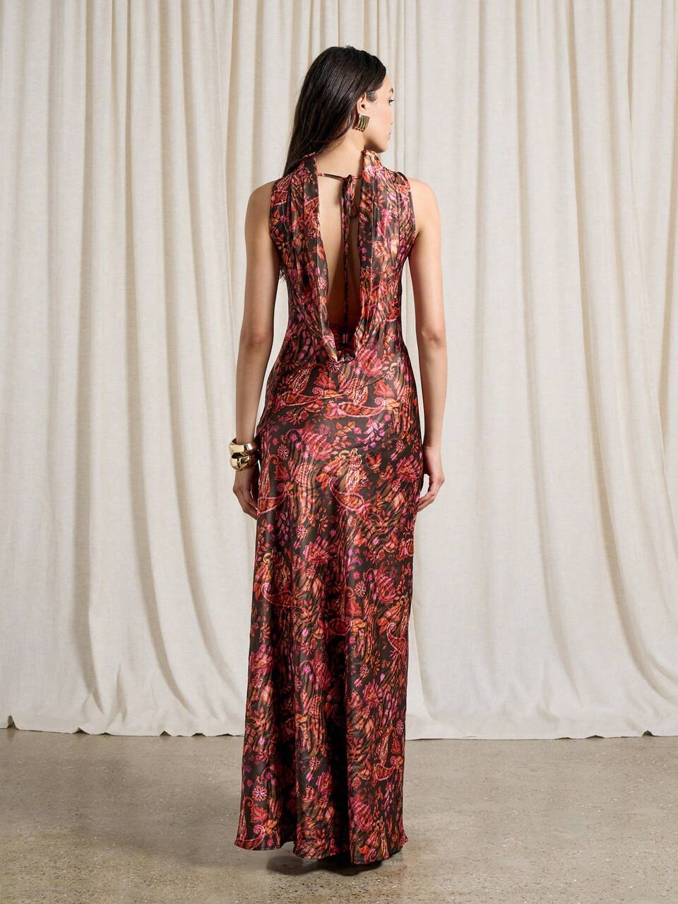 Paisley Print Maxi Dress With High Neck And Side Slit