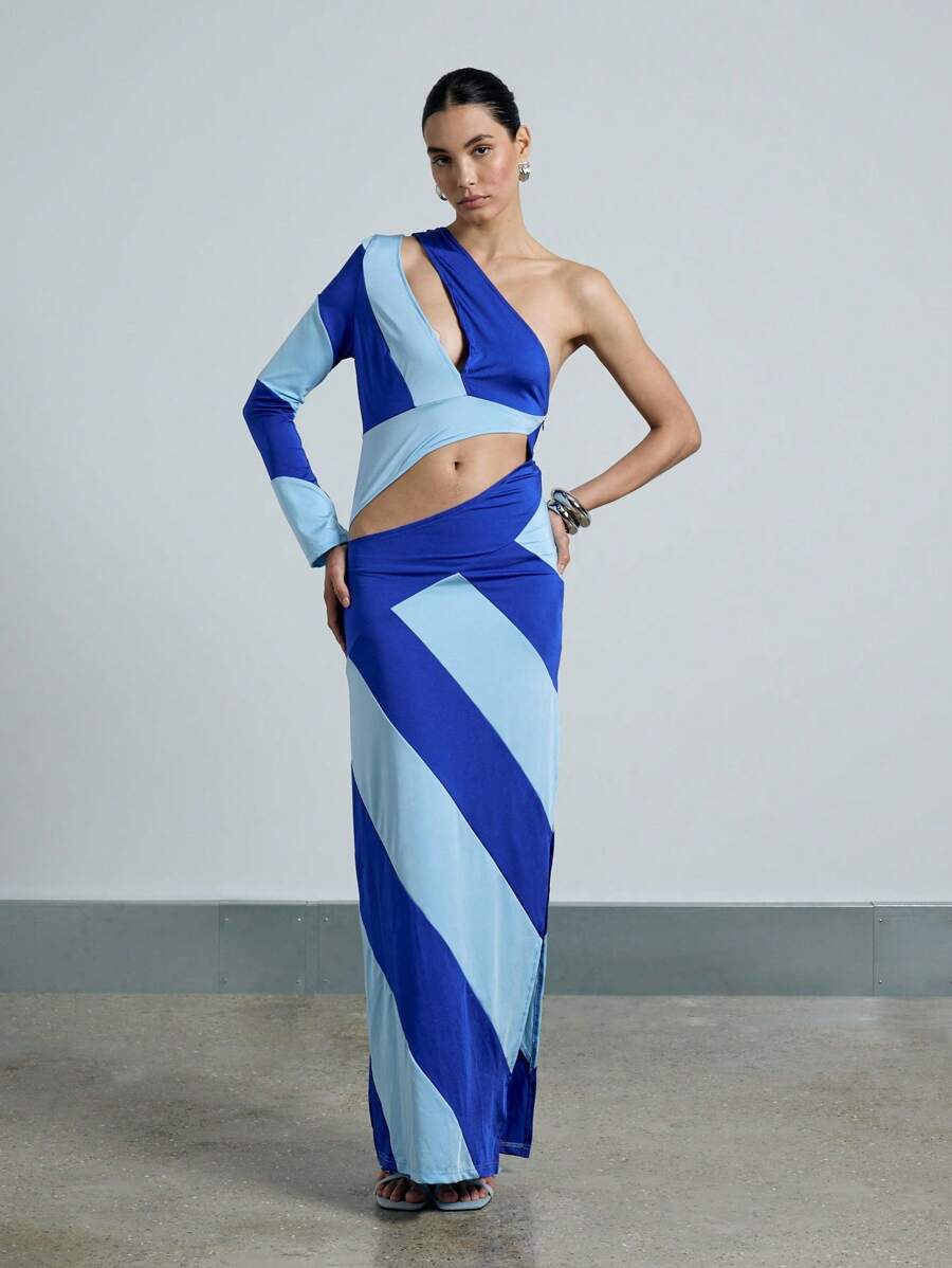 AiiRZ One Shoulder Cut Out Asymmetric Maxi Dress Evening Color Block Long Sleeve High Slit Floor Length Gown Summer Resort Special Occasion