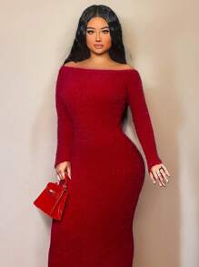 Zolique Women's Elegant Red Sweater Dress,Autumn Off Shoulder Long Sleeve Knitted Woolen Long Dress, Slim Fit Split Night Out Party Clothing - Red - View 3
