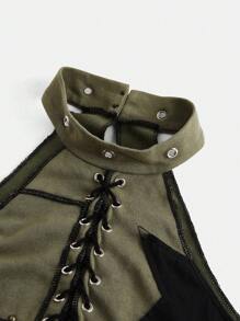 ROMWE Grunge Punk Distressed Washed 5-Pointed Star Patch Rivet Asymmetrical Women Lace-Up Halter Tank Top Nightclub Rave Army Green Summer Grunge - Army Green - View 4