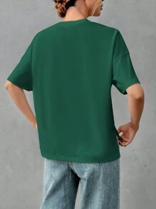 Camiseta Básica Minimalista Para Mujeres Con La Parte Delantera Corta Y La Parte Trasera Larga - Verde Oscuro - Ver 2